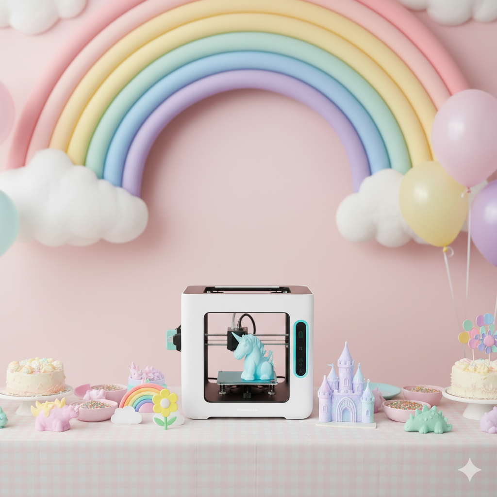 A vibrant and fun-filled children's birthday party with various food and entertainment stations, including a popcorn machine, a candy floss machine, an ice cream bike, a fruit snack cart, and a donut wall. The party space is decorated with themed decor and balloon arches, and there are activities like face painting and a girls' spa station. A table and chair setup, along with music, creates a festive atmosphere.