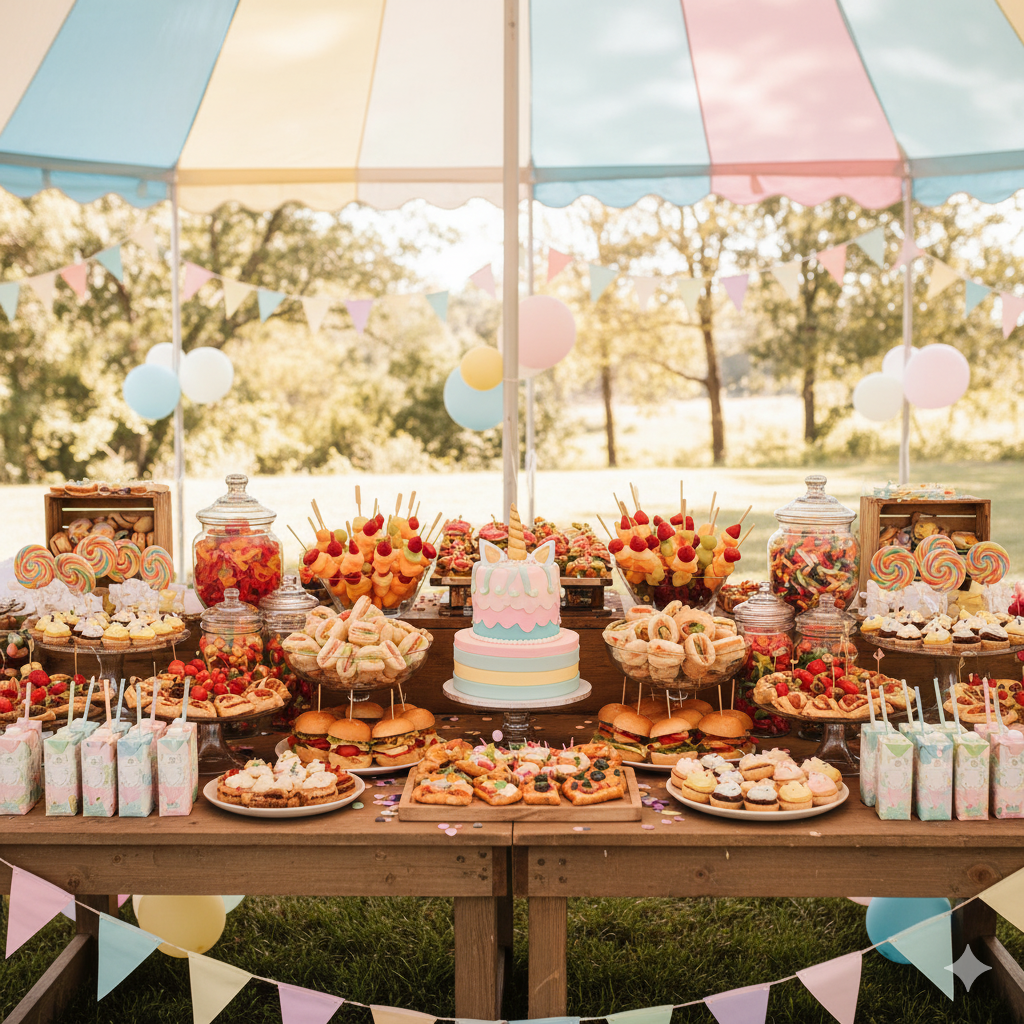 A vibrant and fun-filled children's birthday party with various food and entertainment stations, including a popcorn machine, a candy floss machine, an ice cream bike, a fruit snack cart, and a donut wall. The party space is decorated with themed decor and balloon arches, and there are activities like face painting and a girls' spa station. A table and chair setup, along with music, creates a festive atmosphere.