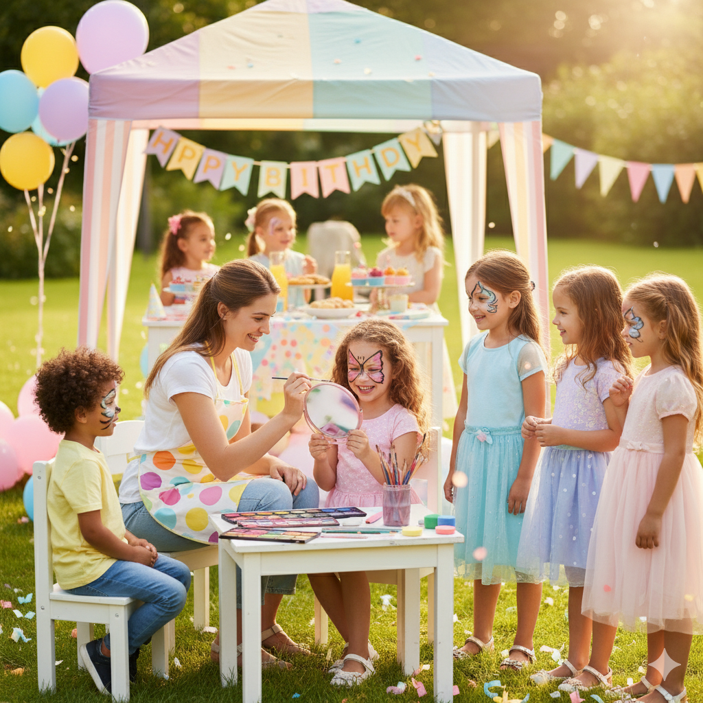 A vibrant and fun-filled children's birthday party with various food and entertainment stations, including a popcorn machine, a candy floss machine, an ice cream bike, a fruit snack cart, and a donut wall. The party space is decorated with themed decor and balloon arches, and there are activities like face painting and a girls' spa station. A table and chair setup, along with music, creates a festive atmosphere.