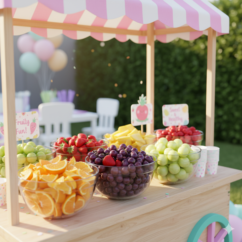 A vibrant and fun-filled children's birthday party with various food and entertainment stations, including a popcorn machine, a candy floss machine, an ice cream bike, a fruit snack cart, and a donut wall. The party space is decorated with themed decor and balloon arches, and there are activities like face painting and a girls' spa station. A table and chair setup, along with music, creates a festive atmosphere.