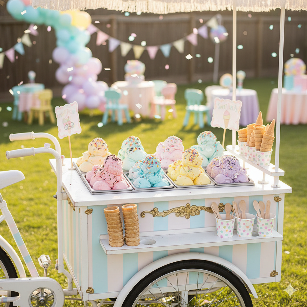 A vibrant and fun-filled children's birthday party with various food and entertainment stations, including a popcorn machine, a candy floss machine, an ice cream bike, a fruit snack cart, and a donut wall. The party space is decorated with themed decor and balloon arches, and there are activities like face painting and a girls' spa station. A table and chair setup, along with music, creates a festive atmosphere.