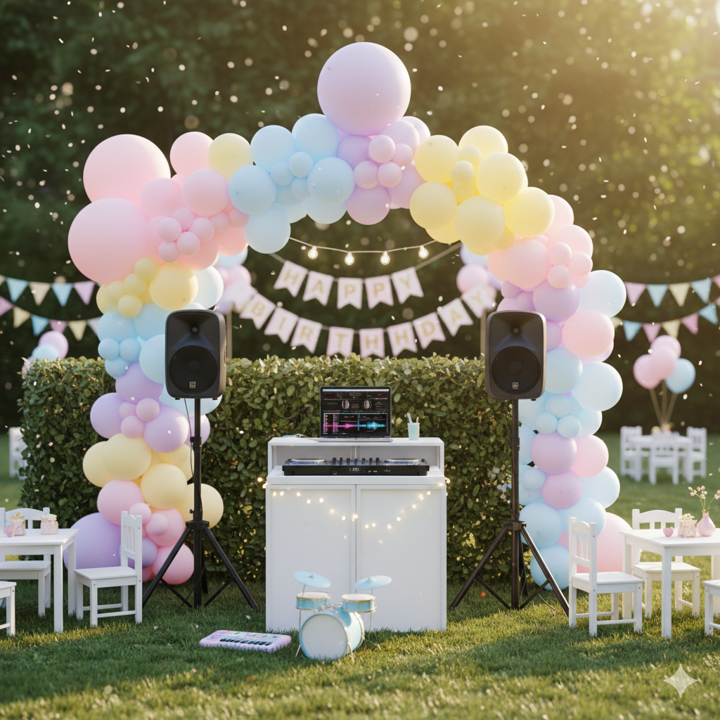 music hire A vibrant and fun-filled children's birthday party with various food and entertainment stations, including a popcorn machine, a candy floss machine, an ice cream bike, a fruit snack cart, and a donut wall. The party space is decorated with themed decor and balloon arches, and there are activities like face painting and a girls' spa station. A table and chair setup, along with music, creates a festive atmosphere.