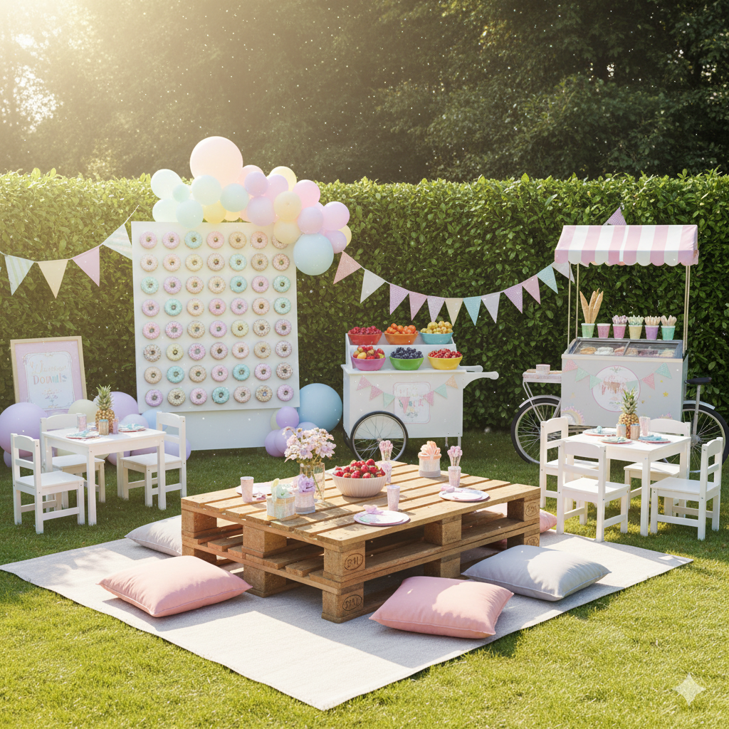 A vibrant and fun-filled children's birthday party with various food and entertainment stations, including a popcorn machine, a candy floss machine, an ice cream bike, a fruit snack cart, and a donut wall. The party space is decorated with themed decor and balloon arches, and there are activities like face painting and a girls' spa station. A table and chair setup, along with music, creates a festive atmosphere.