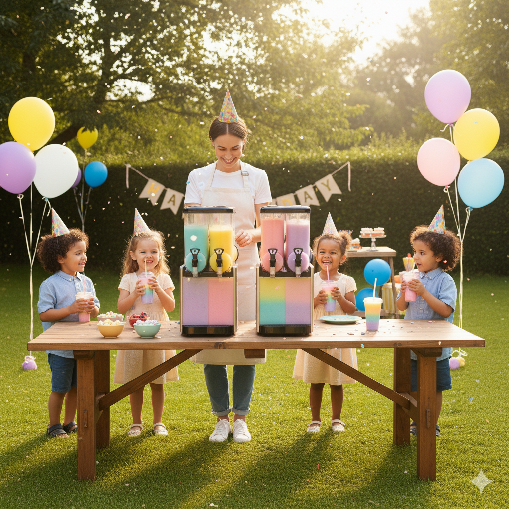 A vibrant and fun-filled children's birthday party with various food and entertainment stations, including a popcorn machine, a candy floss machine, an ice cream bike, a fruit snack cart, and a donut wall. The party space is decorated with themed decor and balloon arches, and there are activities like face painting and a girls' spa station. A table and chair setup, along with music, creates a festive atmosphere.