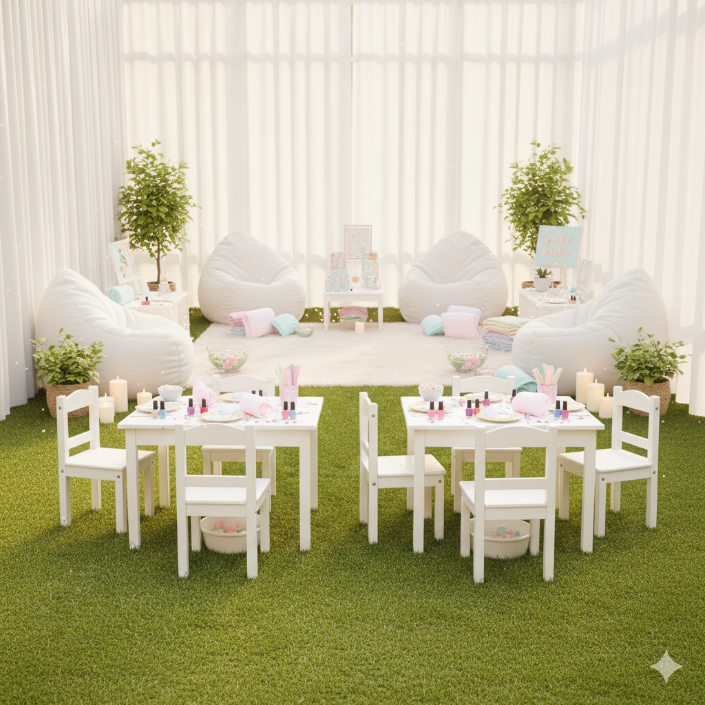 A vibrant and fun-filled children's birthday party with various food and entertainment stations, including a popcorn machine, a candy floss machine, an ice cream bike, a fruit snack cart, and a donut wall. The party space is decorated with themed decor and balloon arches, and there are activities like face painting and a girls' spa station. A table and chair setup, along with music, creates a festive atmosphere.